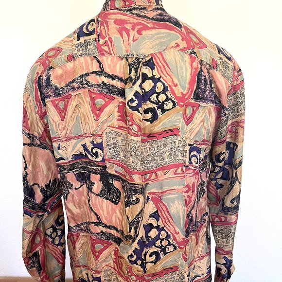 90s Silk Abstract Nehru Shirt - Long Sleeve - Mens - Size Large - Hamid Fashions - Picture 8 of 10